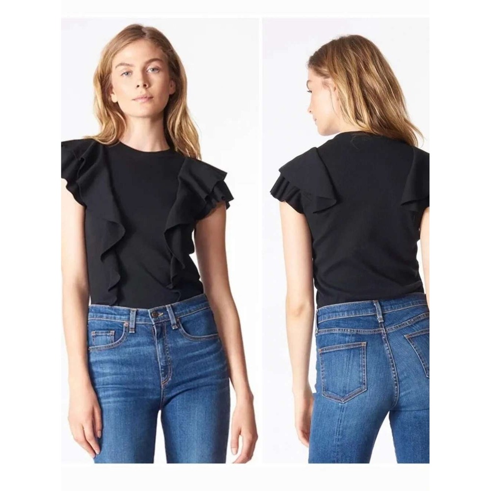 Veronica Beard Bea Black Ruffle Top Ribbed Knit Slim Fit Cotton Preppy Work M